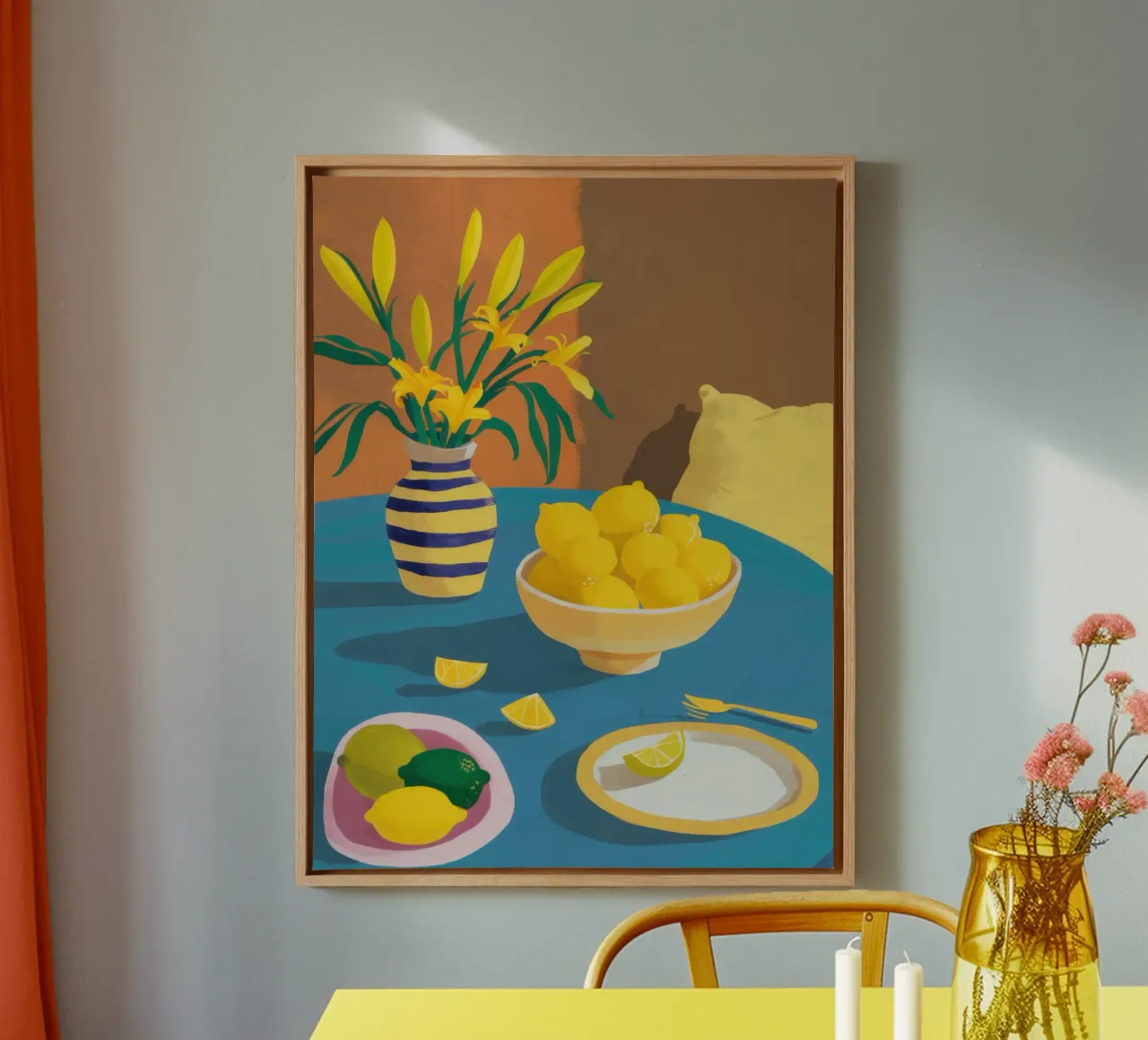 Zitronenschale Sonnenschein Leinwand mit Schattenfugenrahmen von Frame Aura