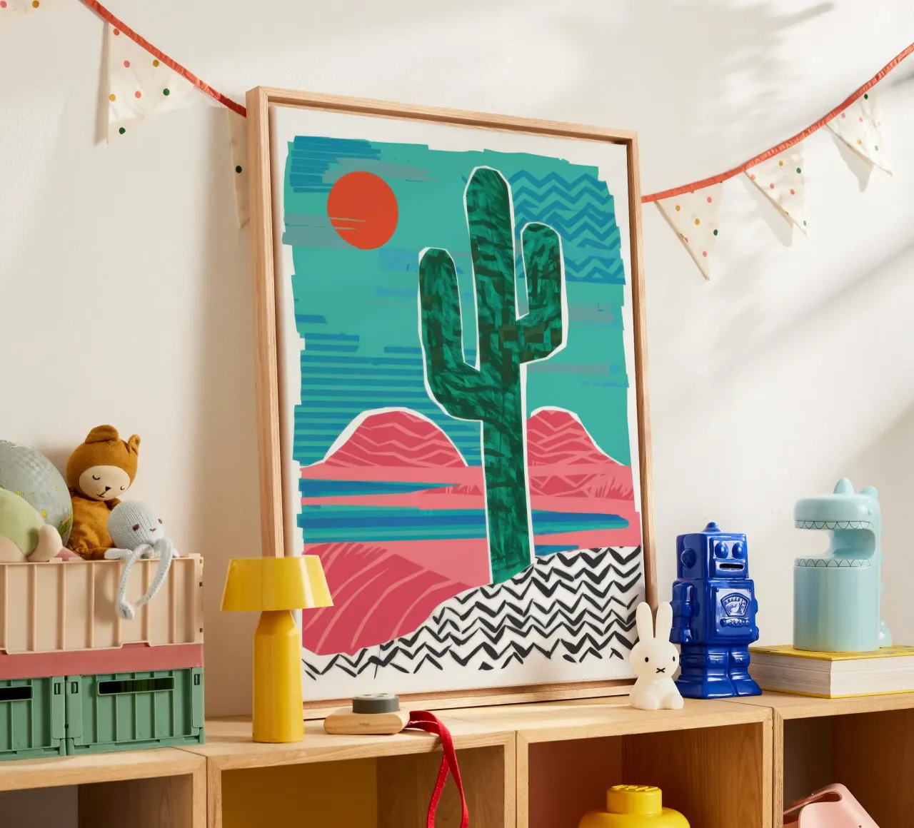 Cactus del desierto en zigzag lienzo con Marco flotante de Frame Aura