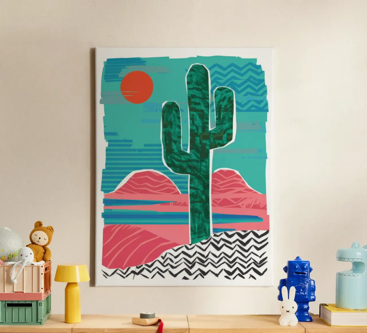 Cactus del desierto en zigzag lienzo con Marco flotante de Frame Aura