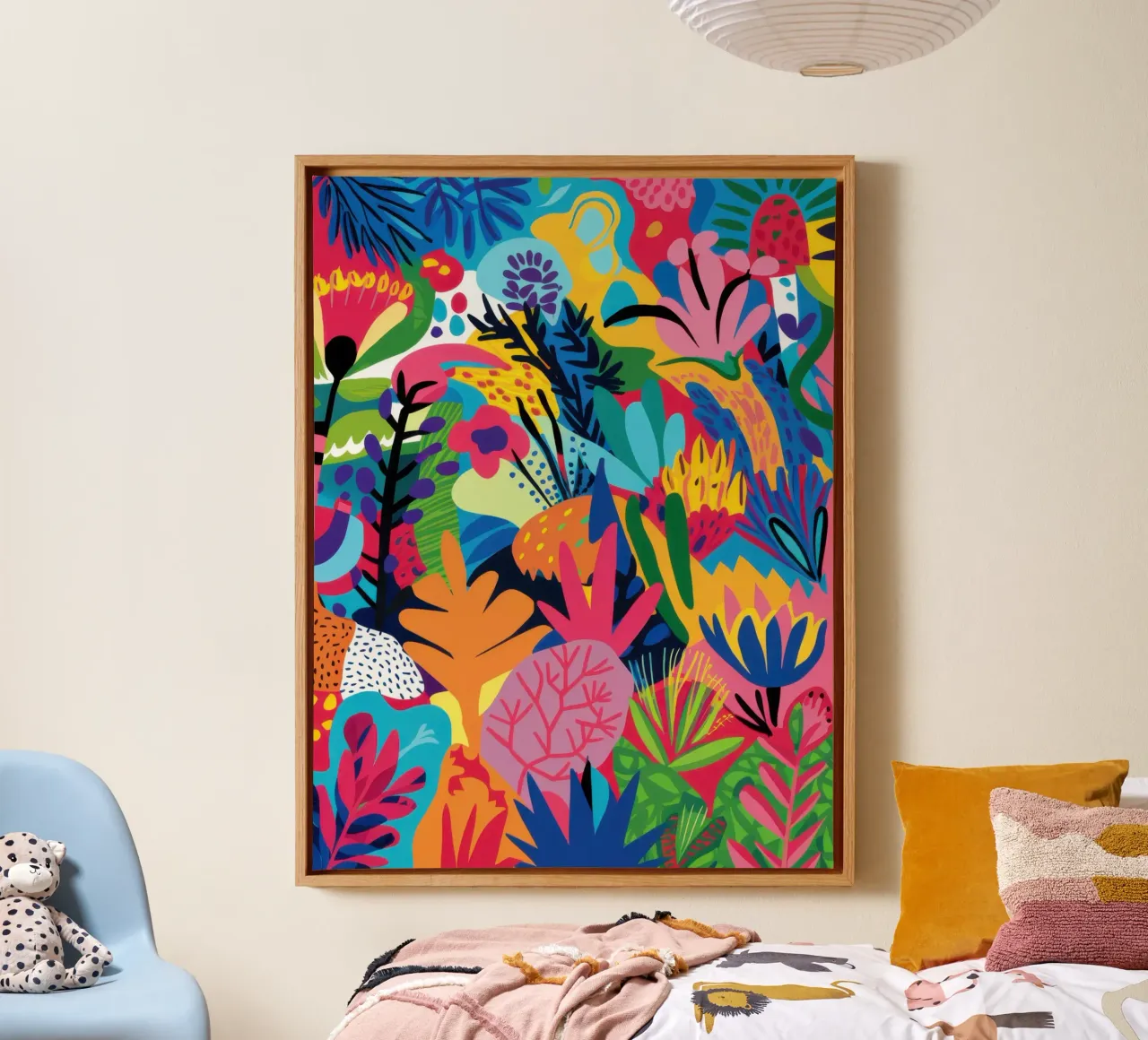 Psychedelischer Menschendschungel Leinwand mit Schattenfugenrahmen von Frame Aura