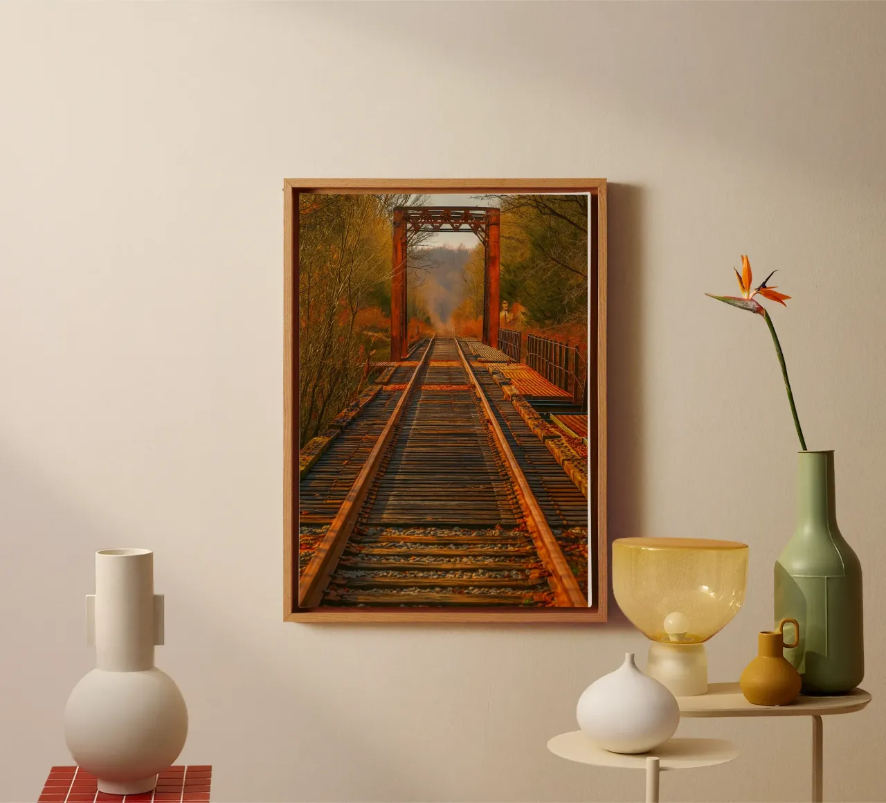 old rail train view photography canvas with Floater frame by landtengs