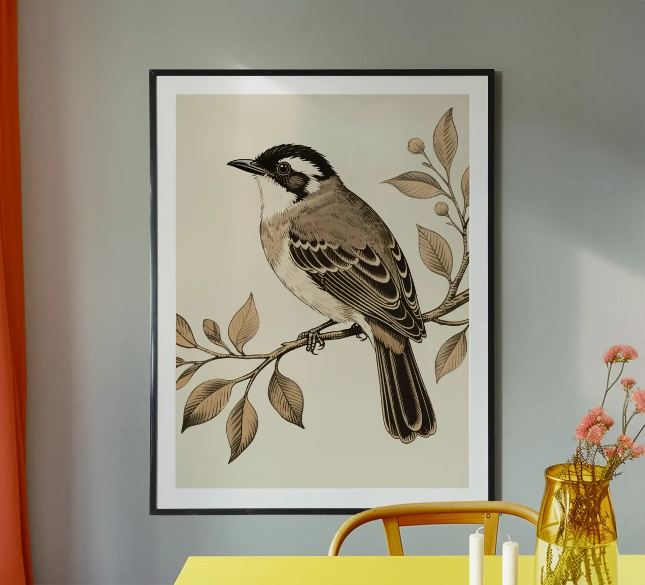 Uccello nel ramo poster con telaio in legno da knowledge