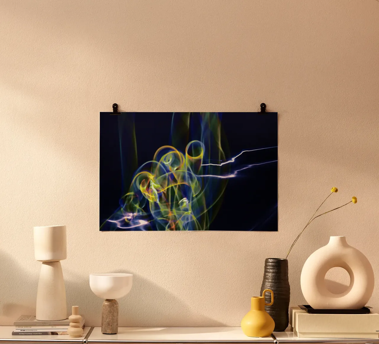 Electric Flow - Abstracte lichtprint poster met houten frame van jay