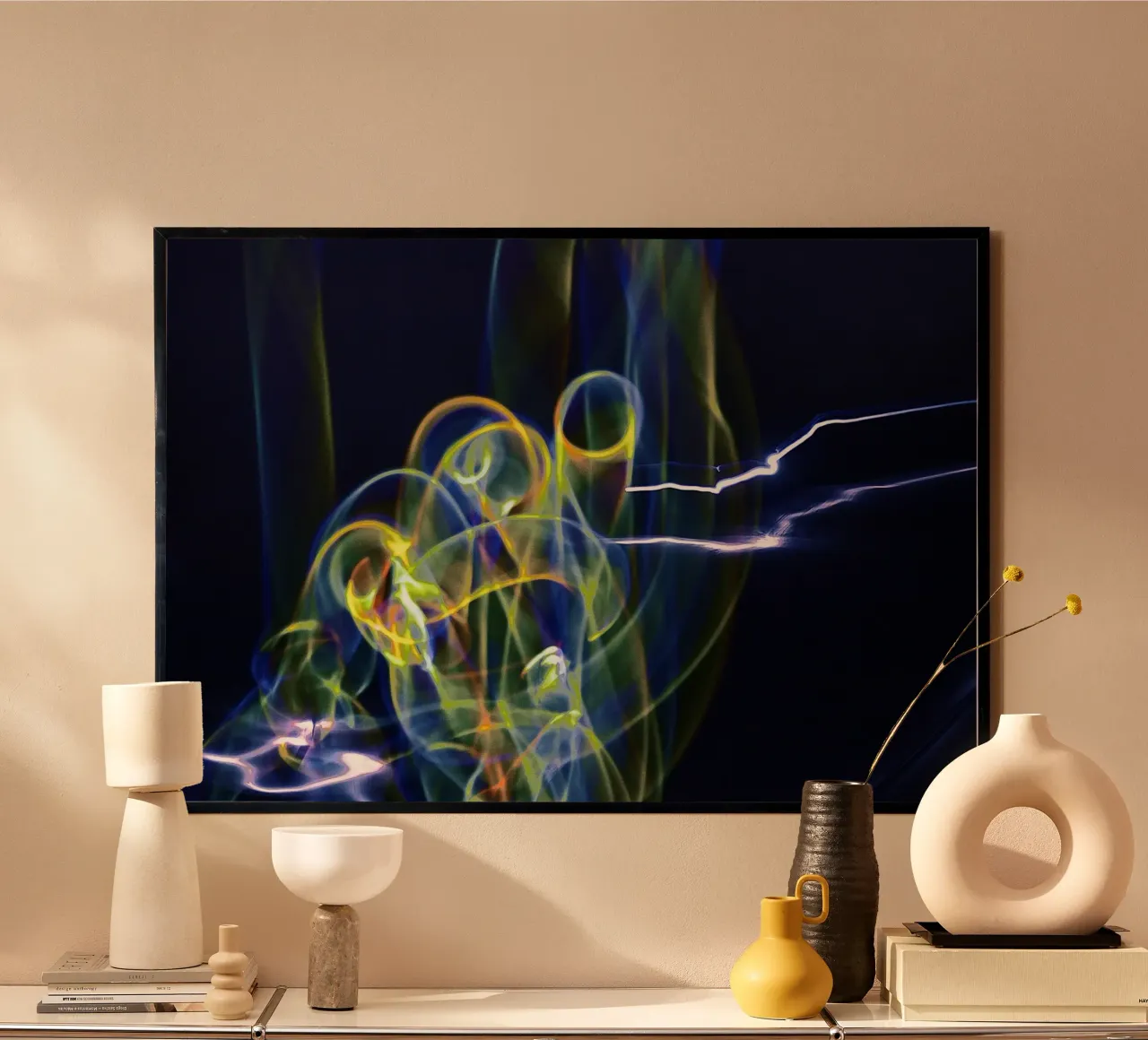 Electric Flow - Abstracte lichtprint poster met houten frame van jay