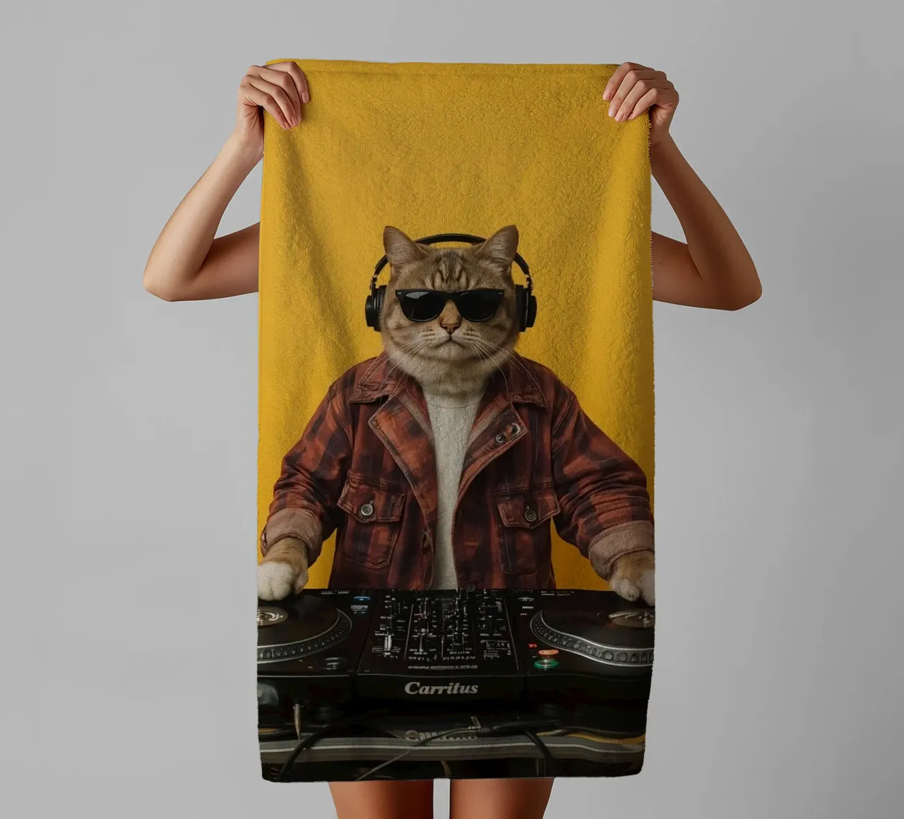 Cat Dressed as a DJ with Turntables towel by DesignDoodle