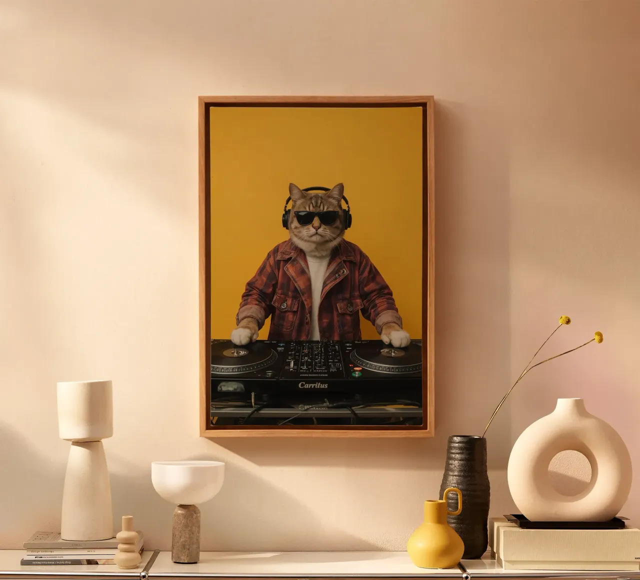 Kat verkleed als DJ met draaitafels canvas met Baklijst van DesignDoodle