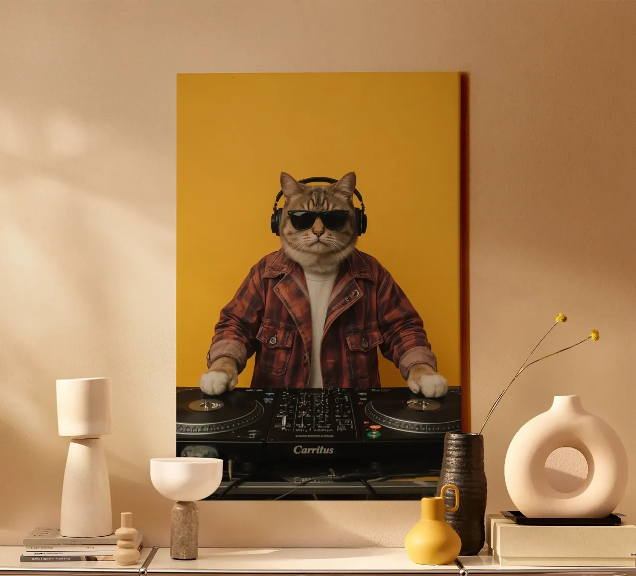 Kat verkleed als DJ met draaitafels canvas met Baklijst van DesignDoodle