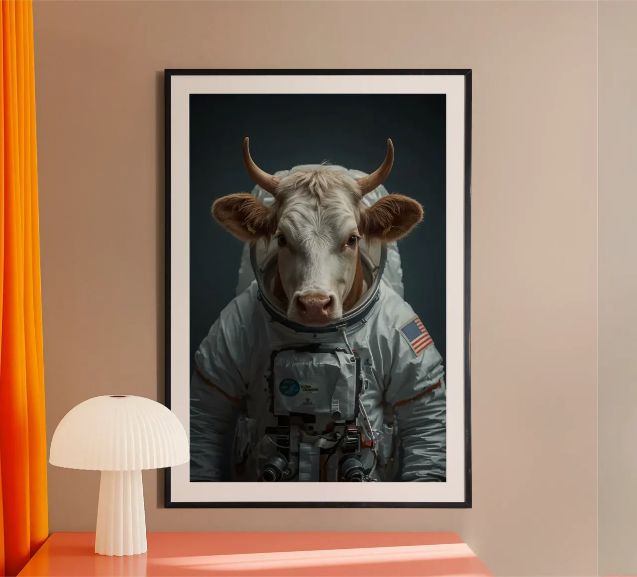 Mucca nello spazio con indosso una tuta da astronauta poster con telaio in alluminio da DesignDoodle
