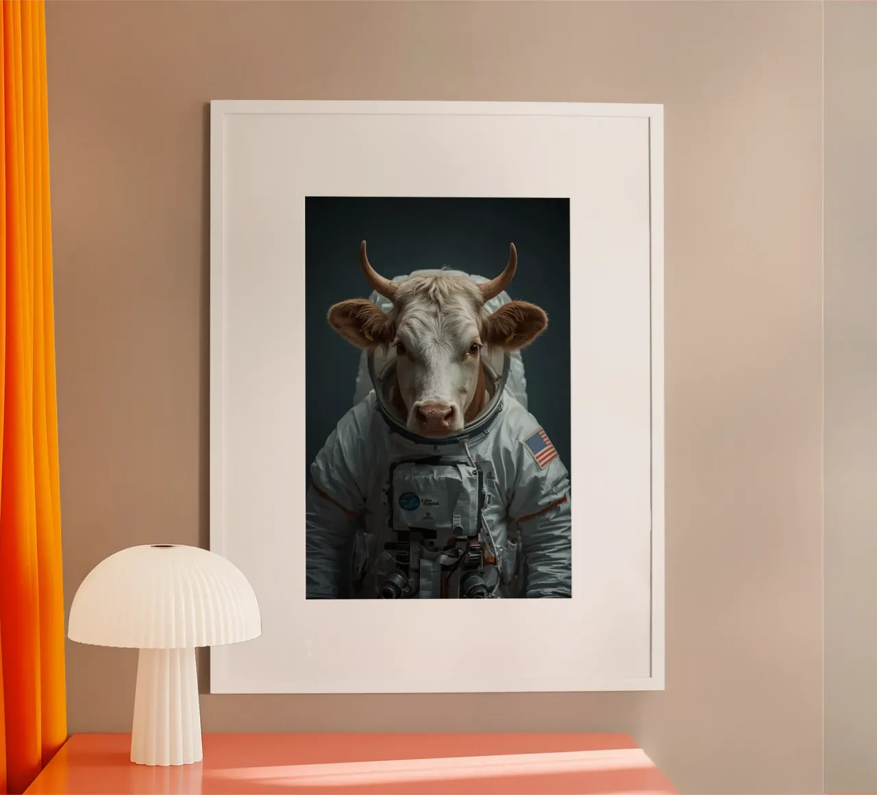 Mucca nello spazio con indosso una tuta da astronauta poster con telaio in alluminio da DesignDoodle