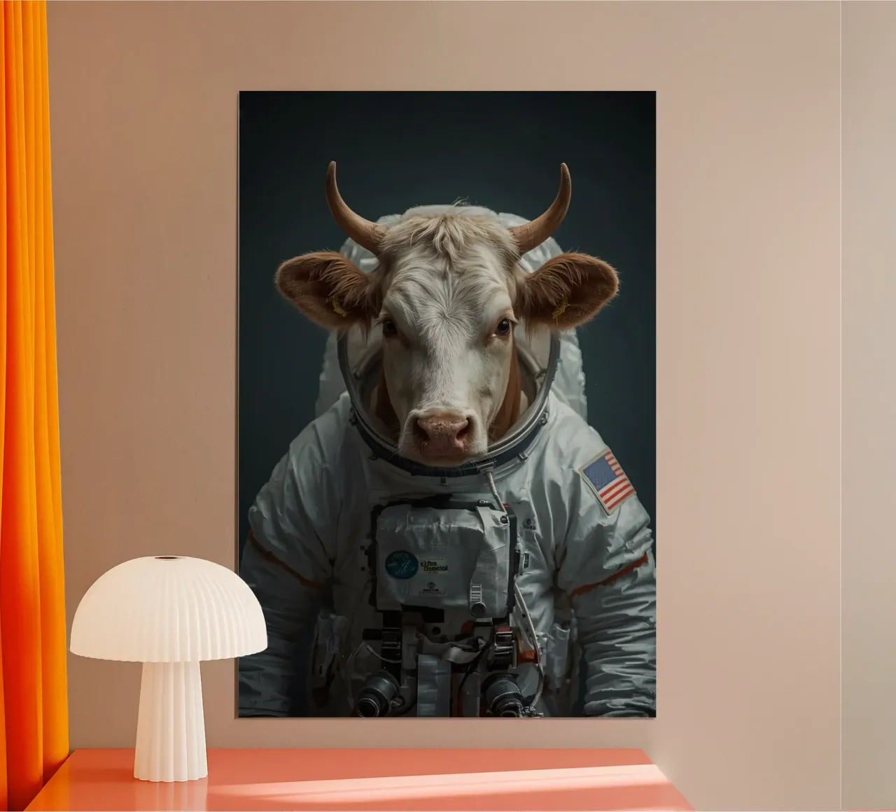 Mucca nello spazio con indosso una tuta da astronauta poster con telaio in alluminio da DesignDoodle