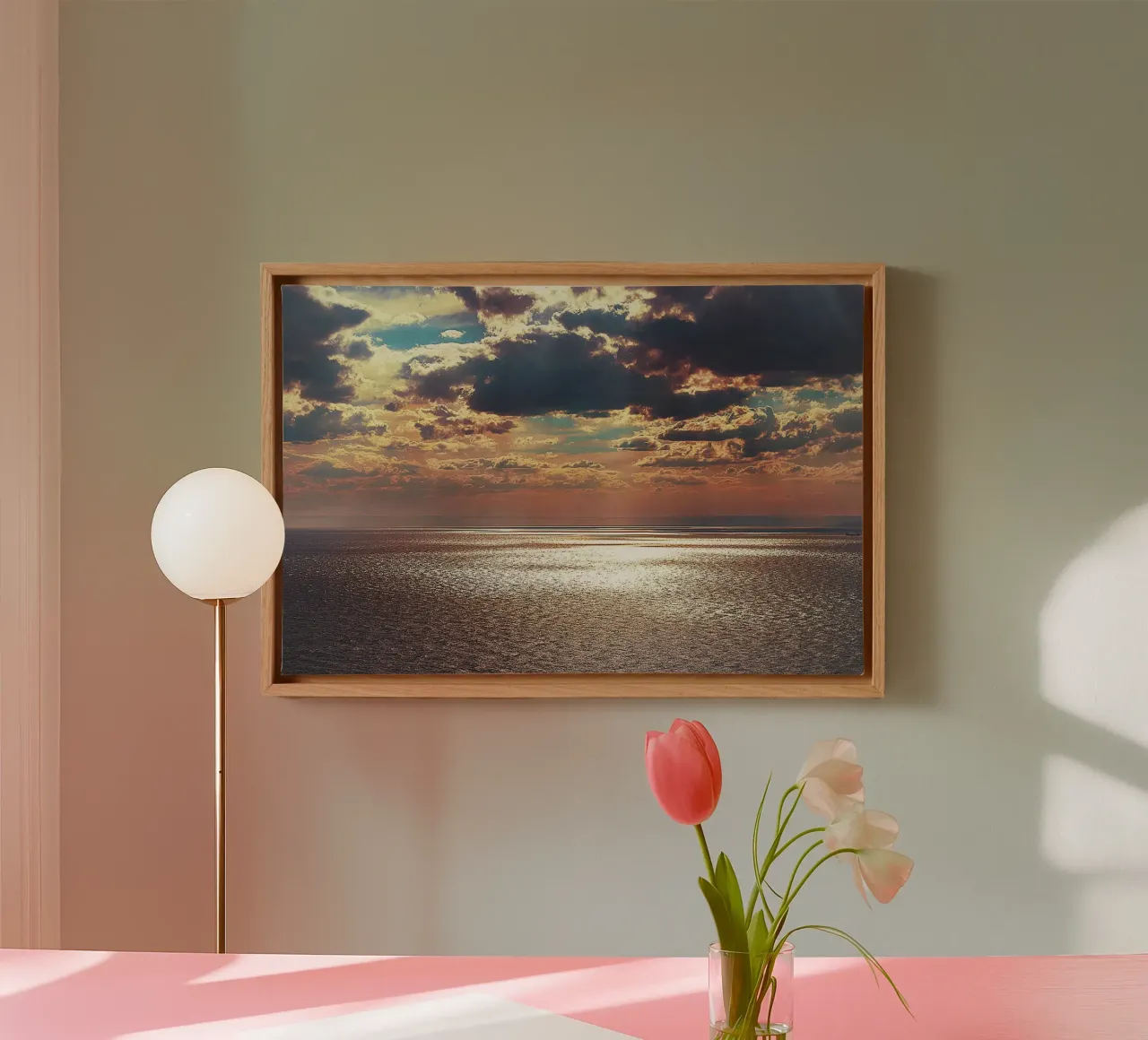 Stralende Zonsondergang Gloed op Zee - Ocean Photography Print canvas met Baklijst van jay