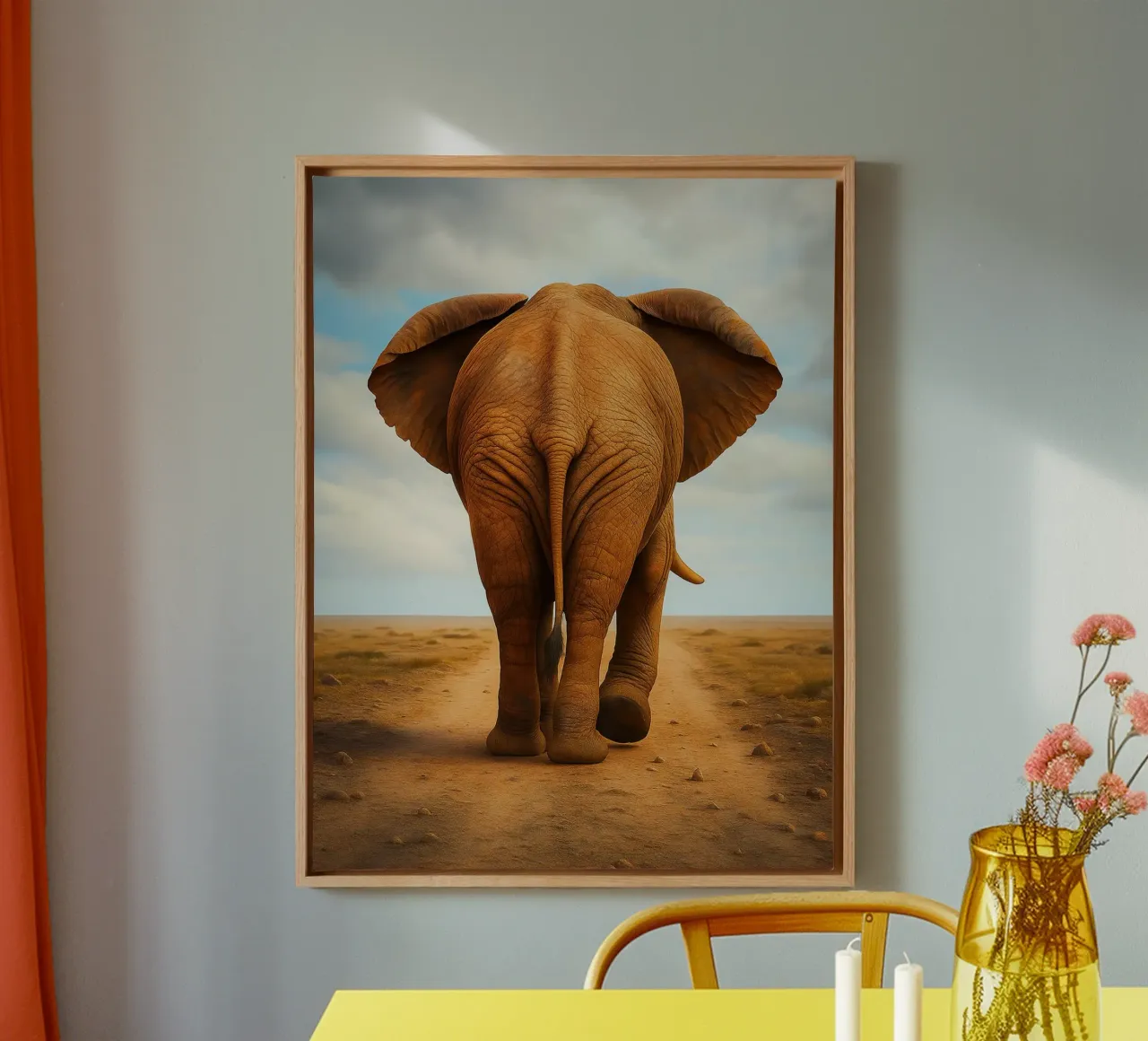rear view of an elephant walking canvas with Floater frame by landtengs