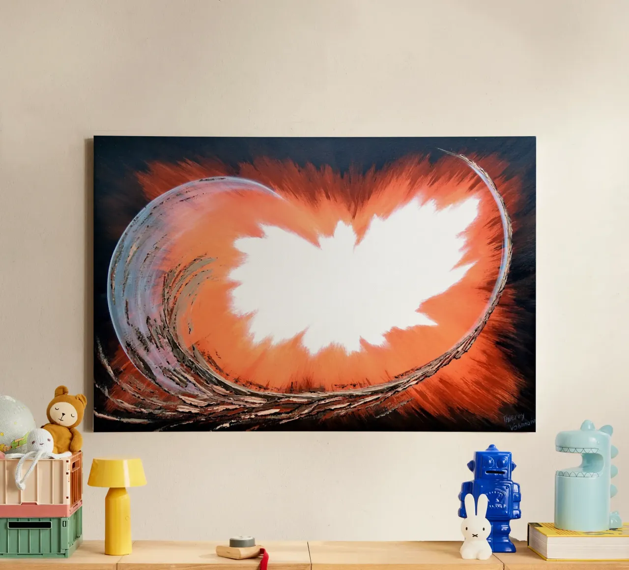 THE KISS OF DOVES. canvas with Floater frame by Thierry Vobmann Abstract painting