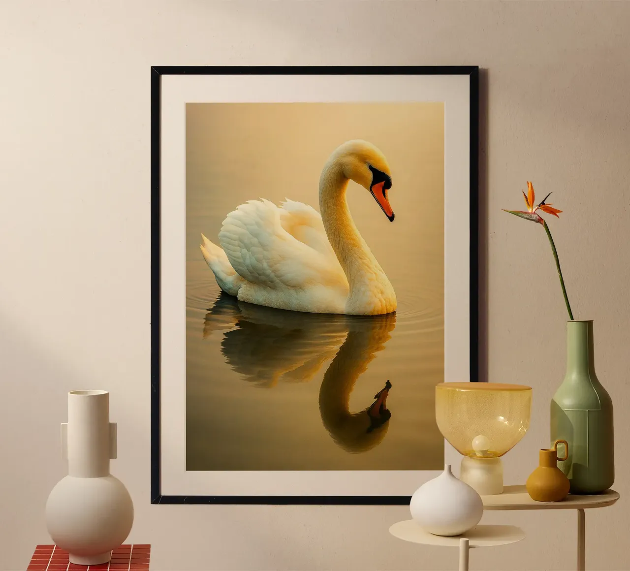 cygnes nageant vue photographie poster avec cadre en bois de landtengs