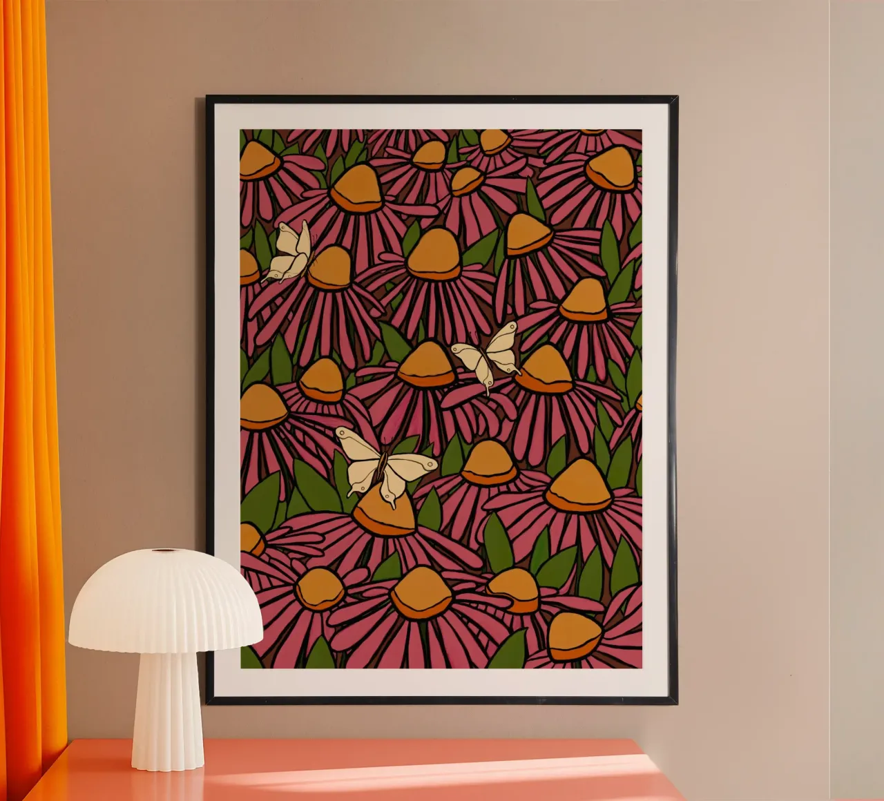 Echinacea and butterflies poster con telaio in plastica da TijanaArtStudio88
