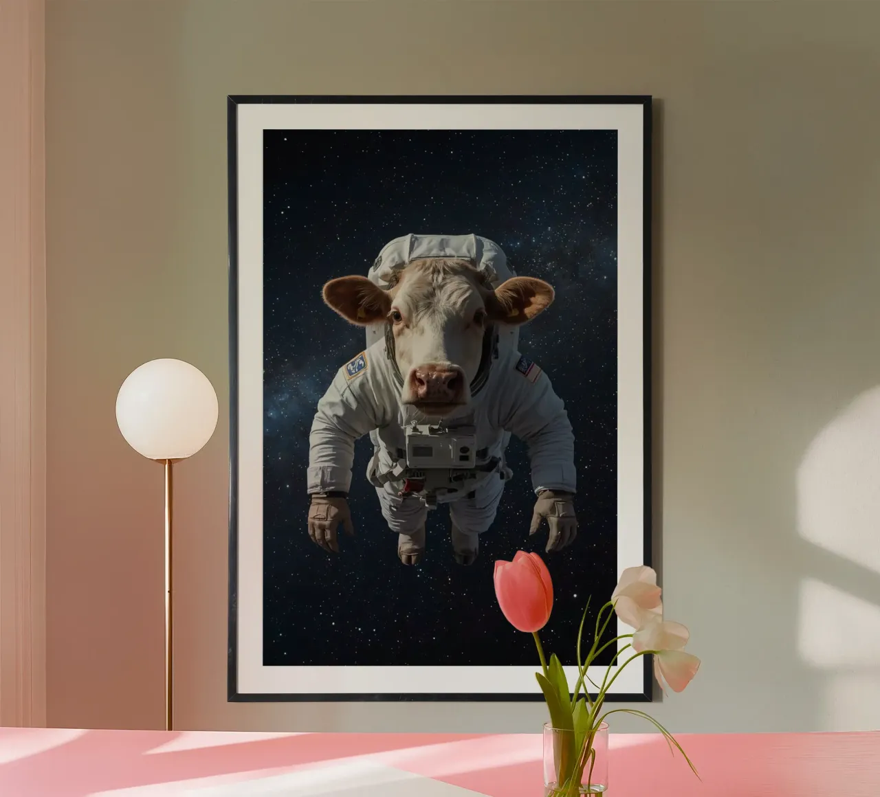 Mucca-stronauta poster con telaio in alluminio da DesignDoodle