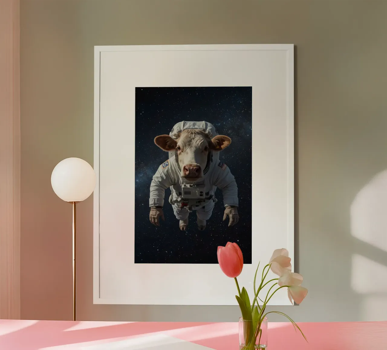 Mucca-stronauta poster con telaio in alluminio da DesignDoodle