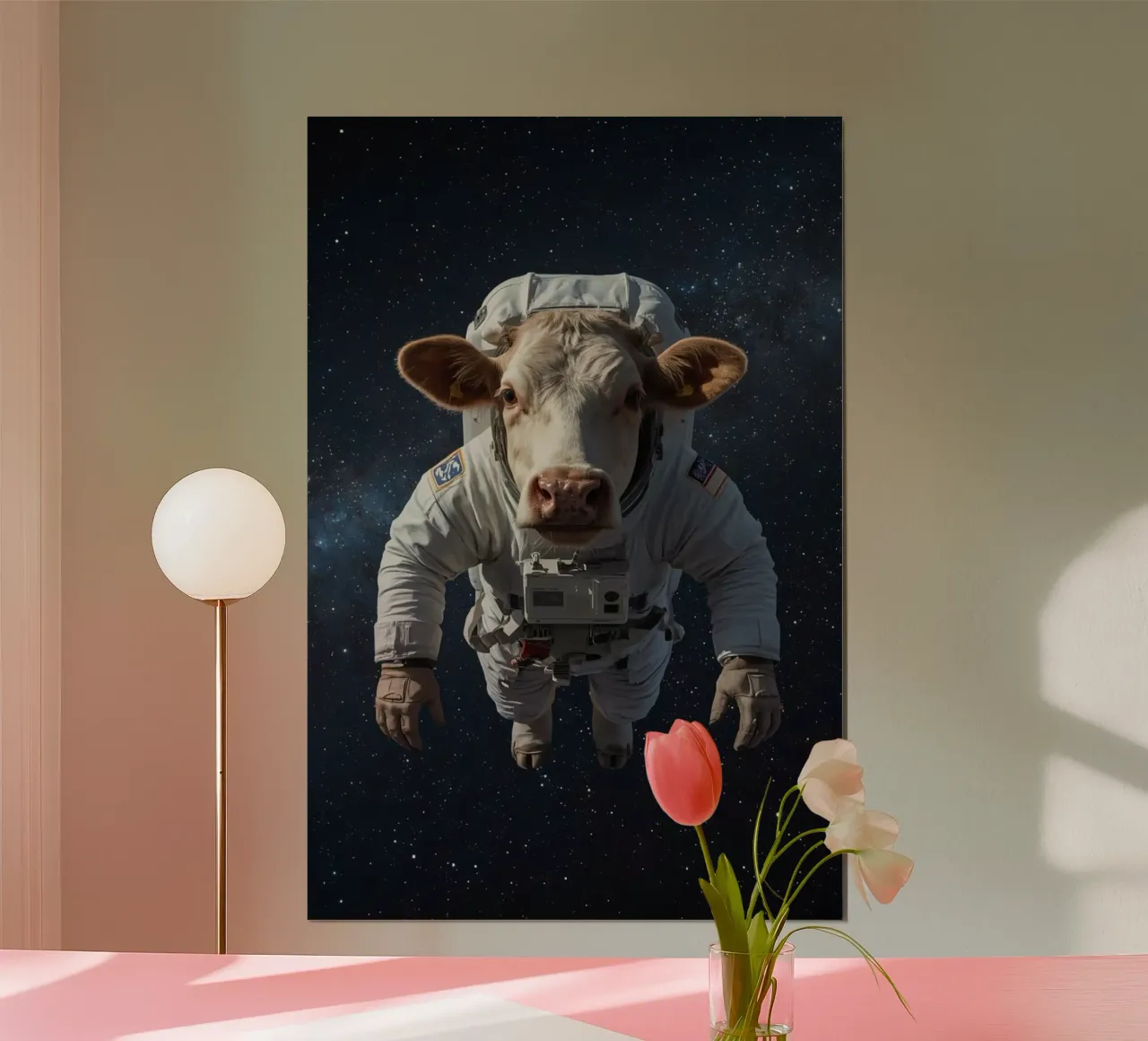 Mucca-stronauta poster con telaio in alluminio da DesignDoodle