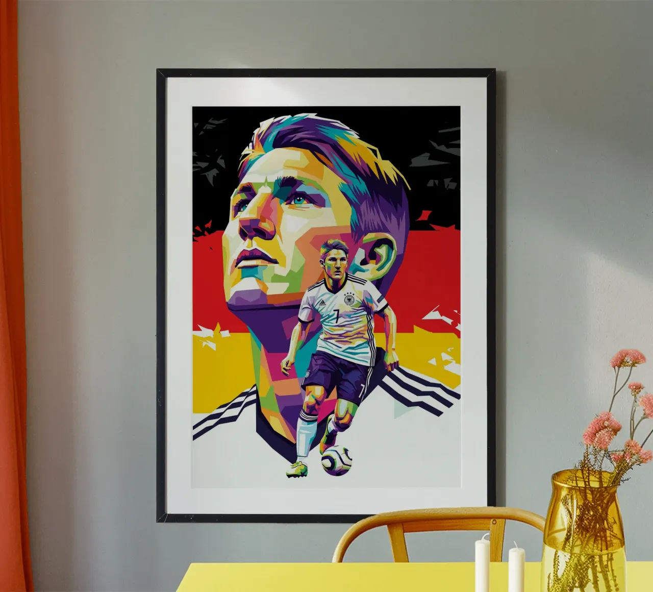 Bastian Schweinsteiger colorato pop art poster con telaio in alluminio da Hantamrata