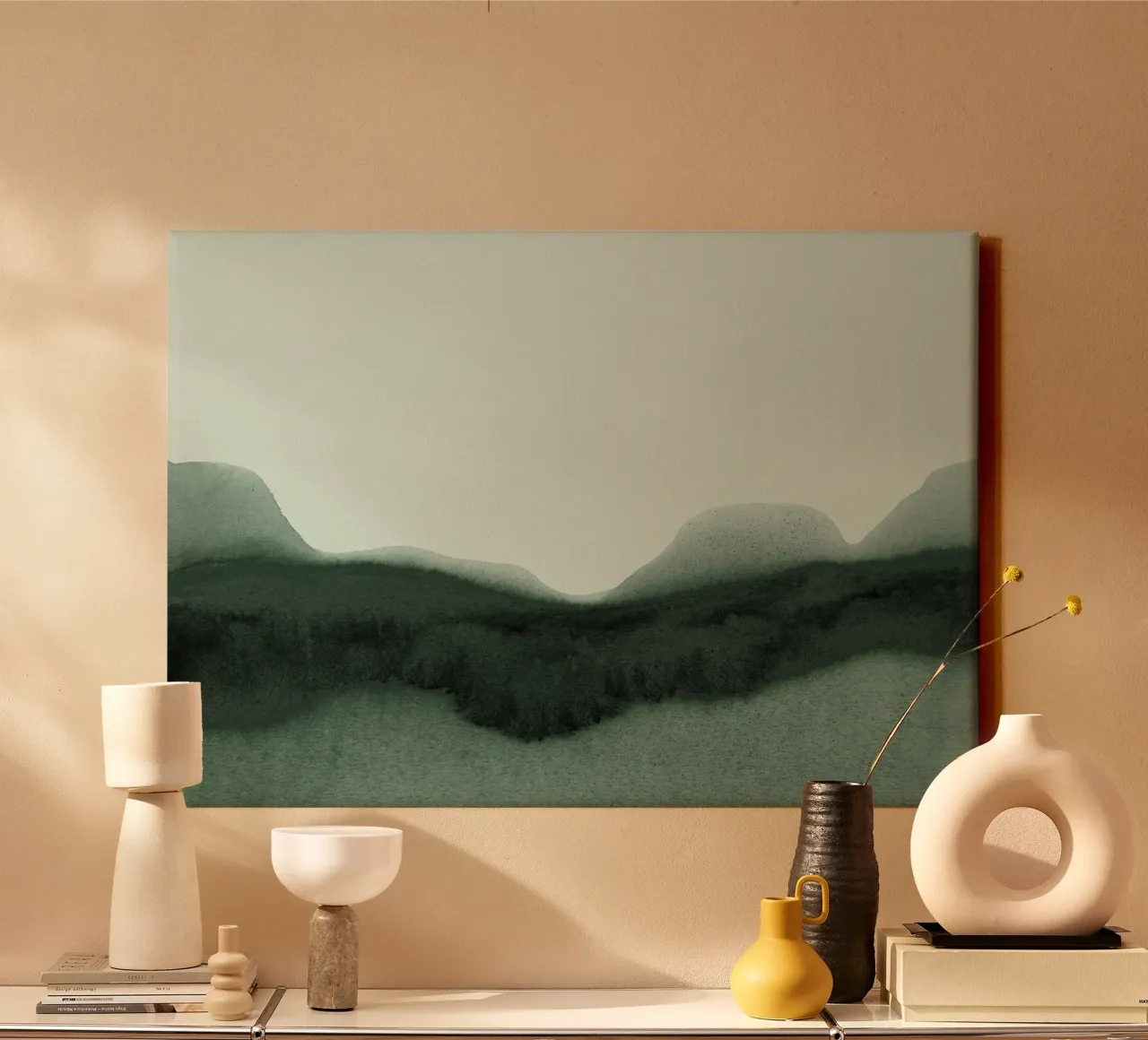 abstract moody landscape - green canvas met Baklijst van IRIS LEHNHARDT FINE ART