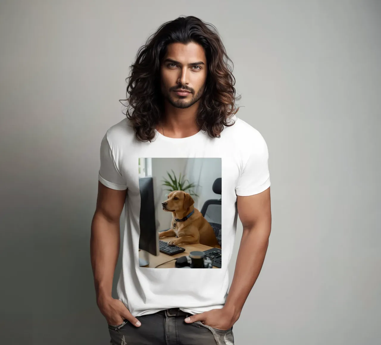 Cane seduto al computer a scrivere t-shirt da DesignDoodle