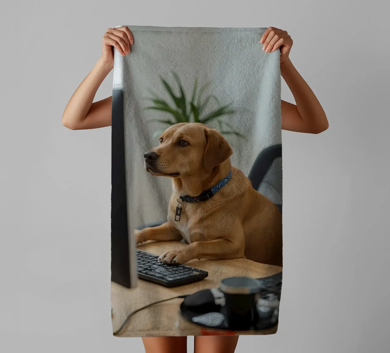 Chien assis devant un ordinateur en train de taper serviette de bain de DesignDoodle