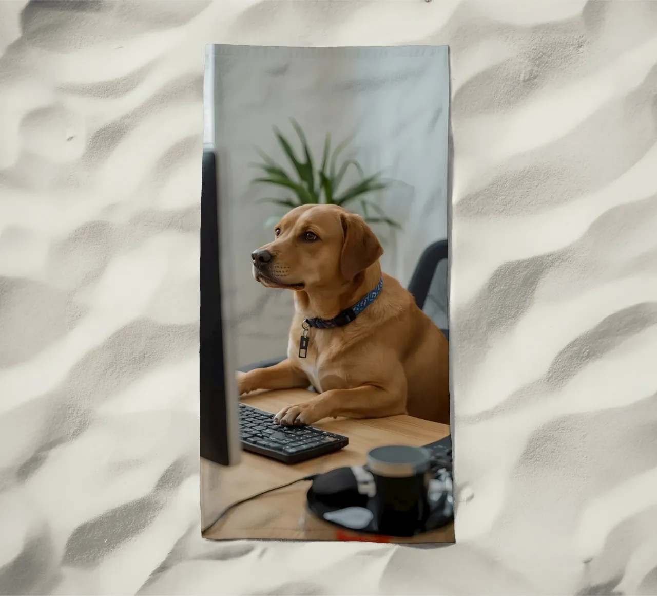 Cane seduto al computer a scrivere telo mare da DesignDoodle