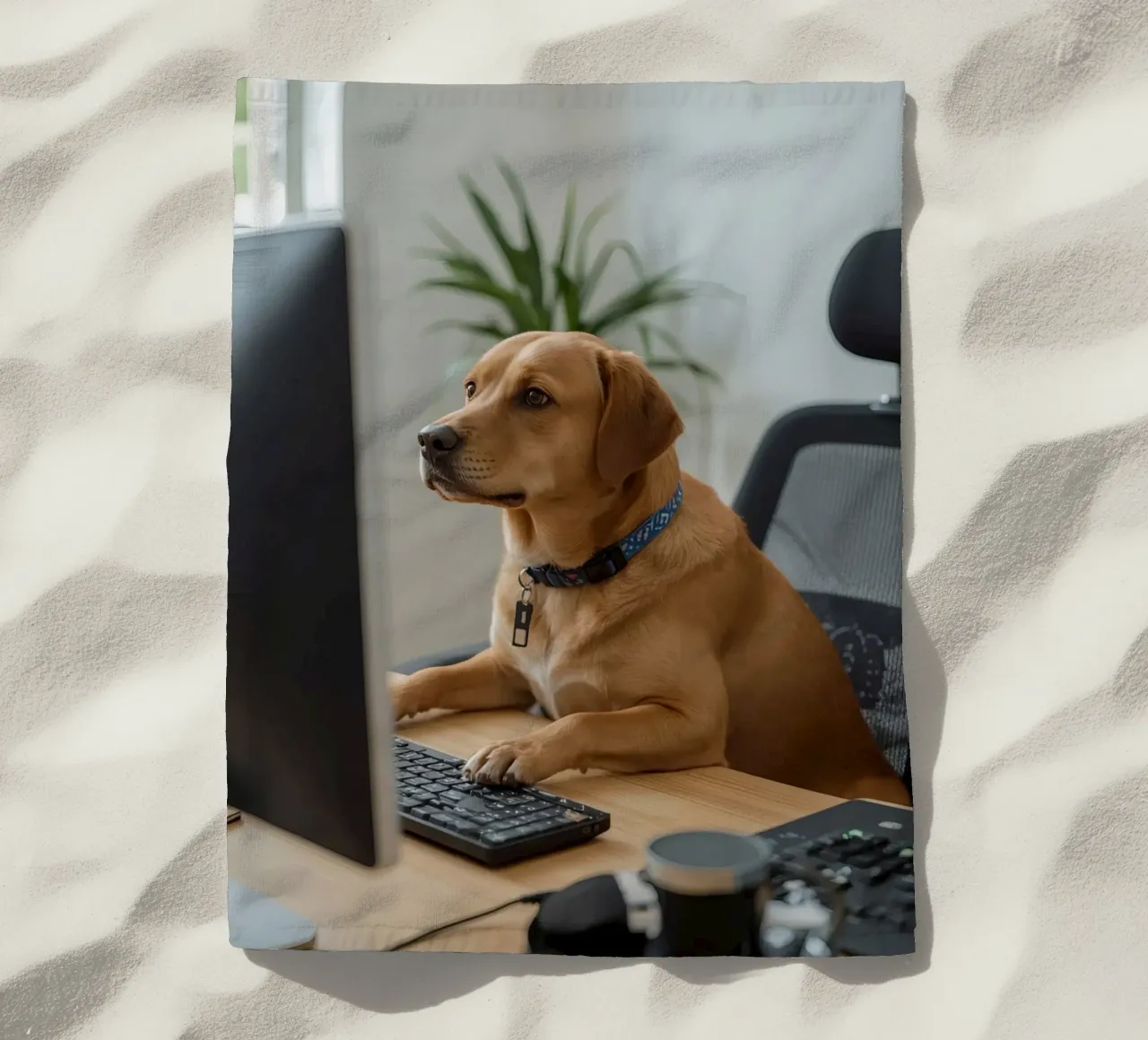 Cane seduto al computer a scrivere telo mare da DesignDoodle