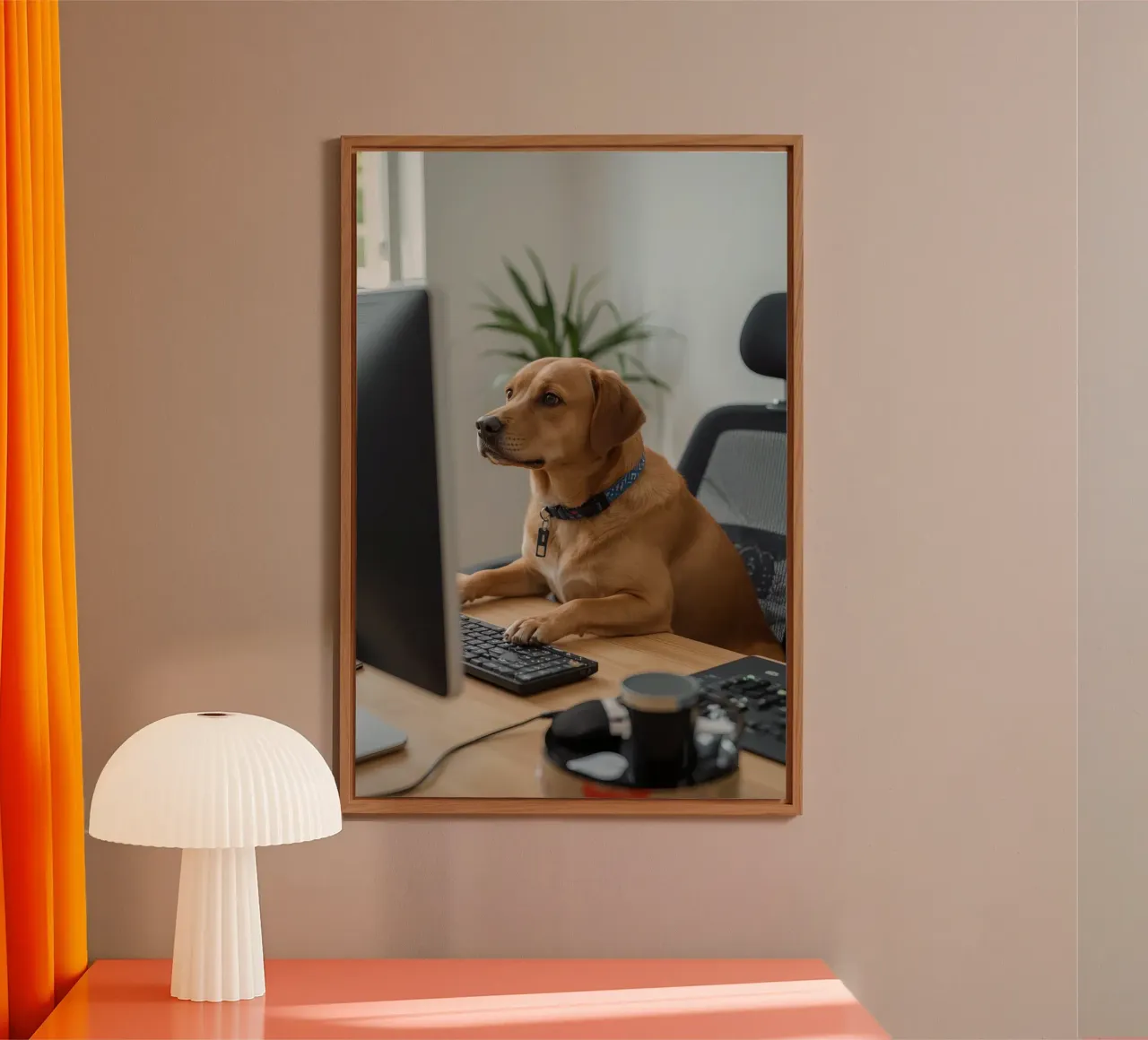 Cane seduto al computer a scrivere alluminio dibond da DesignDoodle