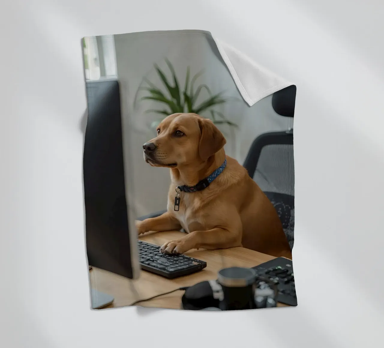 Cane seduto al computer a scrivere coperta in pile da DesignDoodle