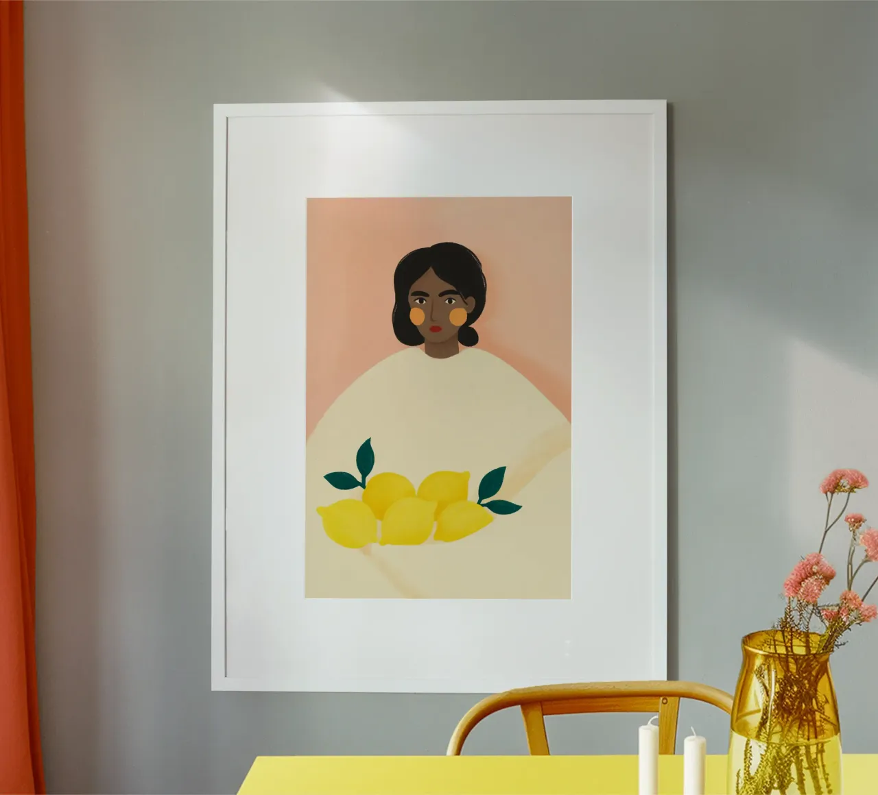 Limoni con donna poster con telaio in alluminio da PurePeachStudio