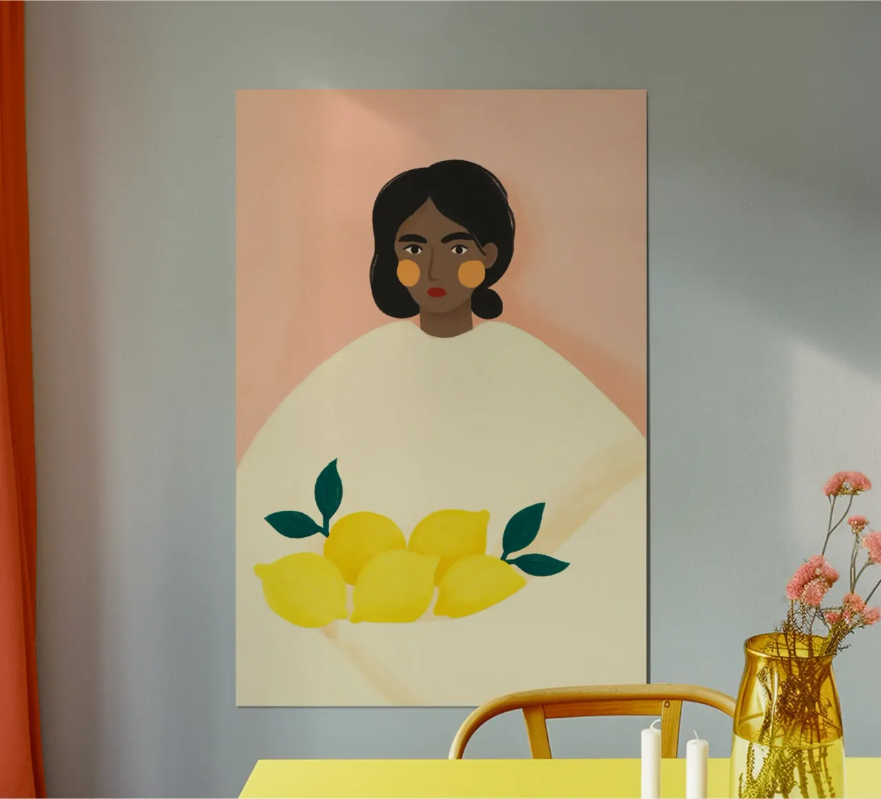 Limoni con donna poster con telaio in alluminio da PurePeachStudio