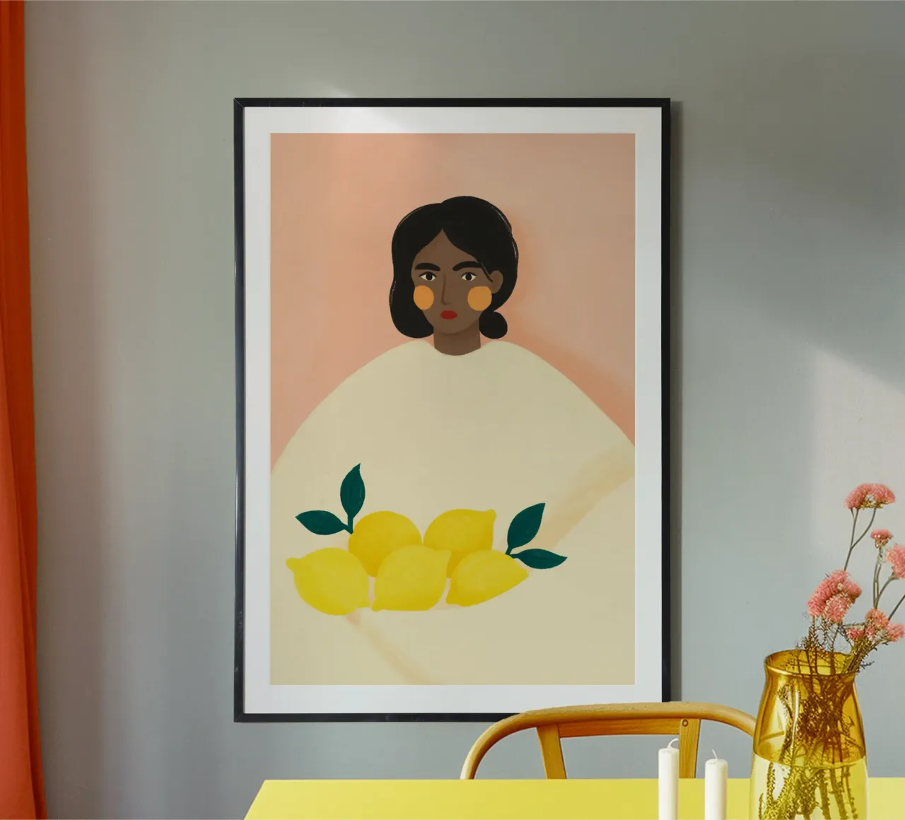 Limoni con donna poster con telaio in alluminio da PurePeachStudio