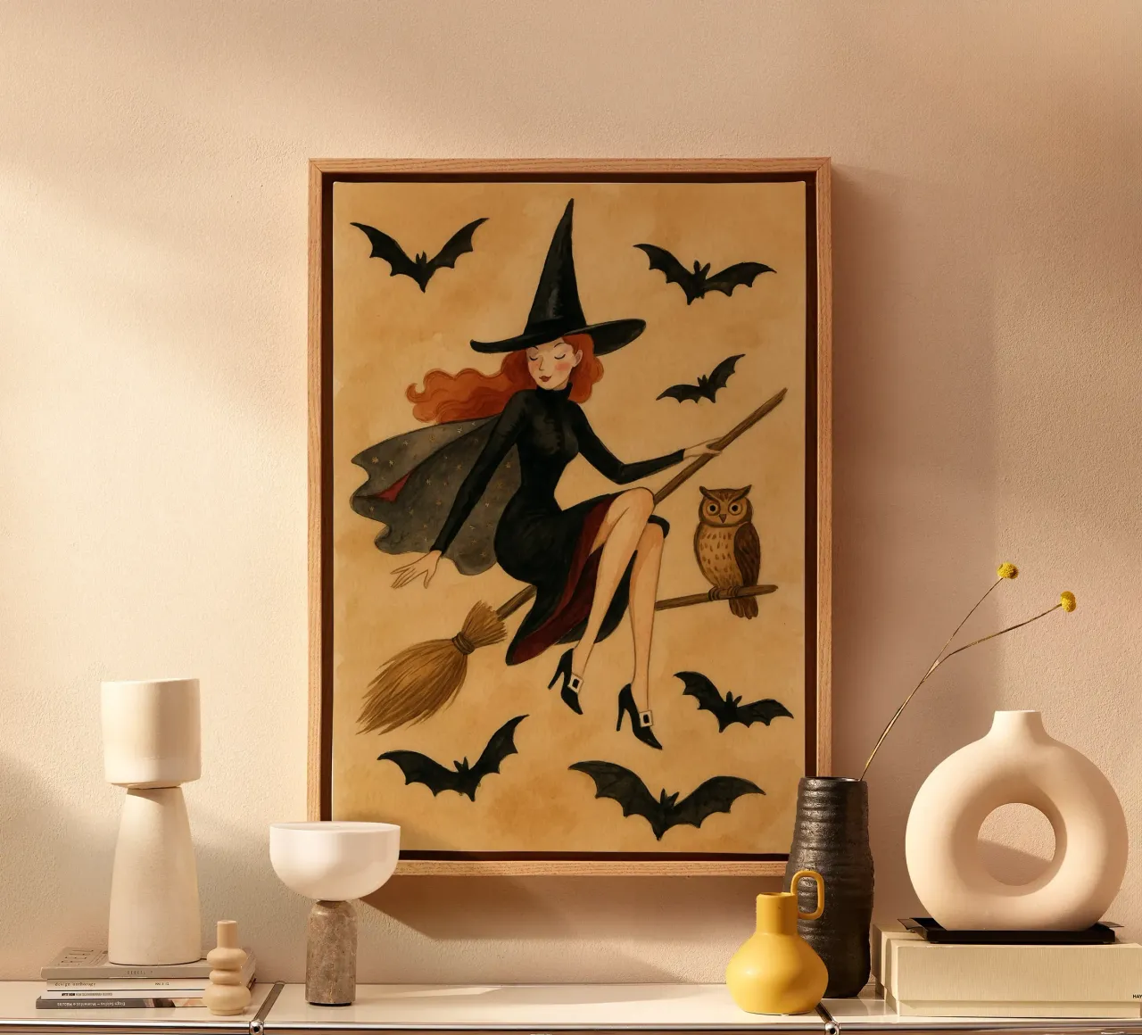 Strega vintage che vola a manico di scopa Halloween Arte del gufo tela con Cornice a cassetta da vintagepod