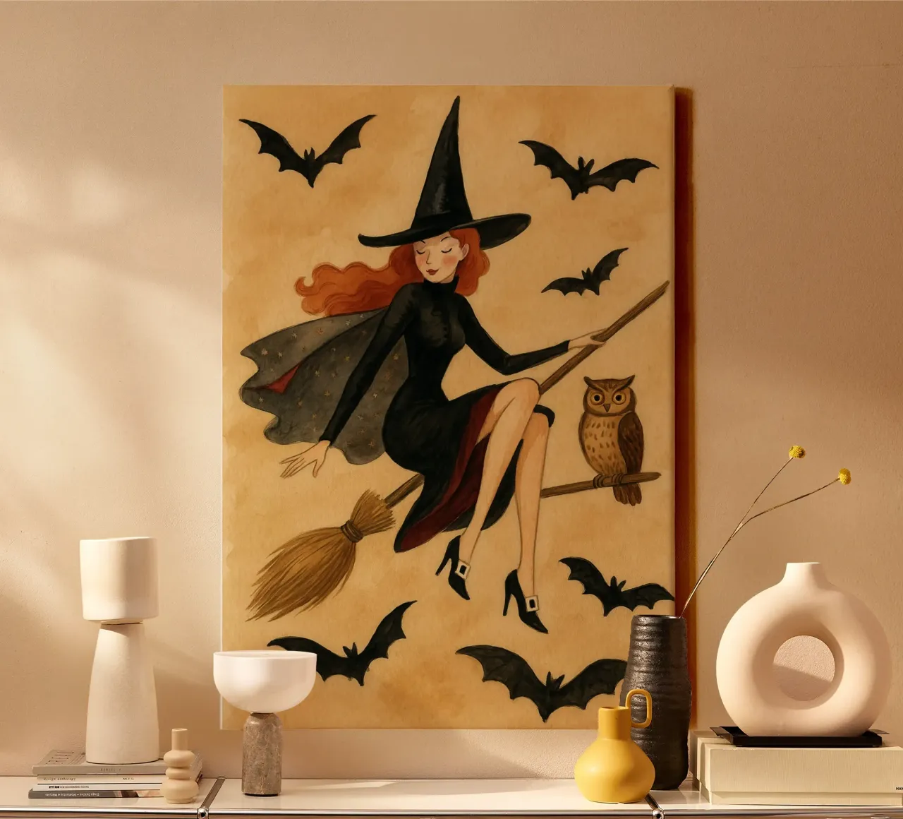 Strega vintage che vola a manico di scopa Halloween Arte del gufo tela con Cornice a cassetta da vintagepod