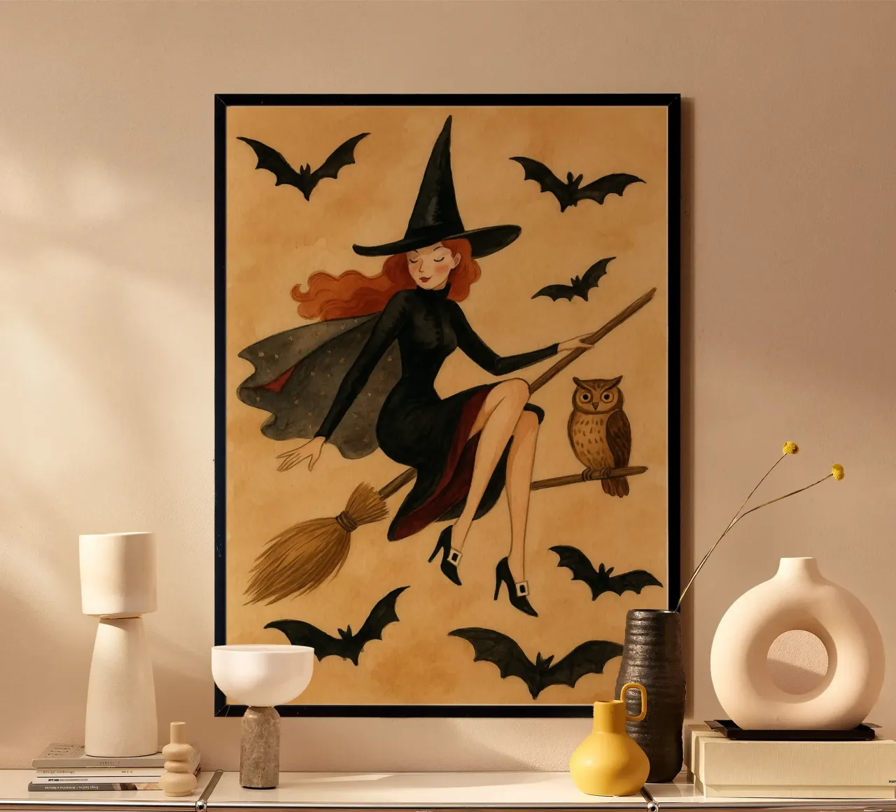 Strega vintage che vola a manico di scopa Halloween Arte del gufo poster da vintagepod
