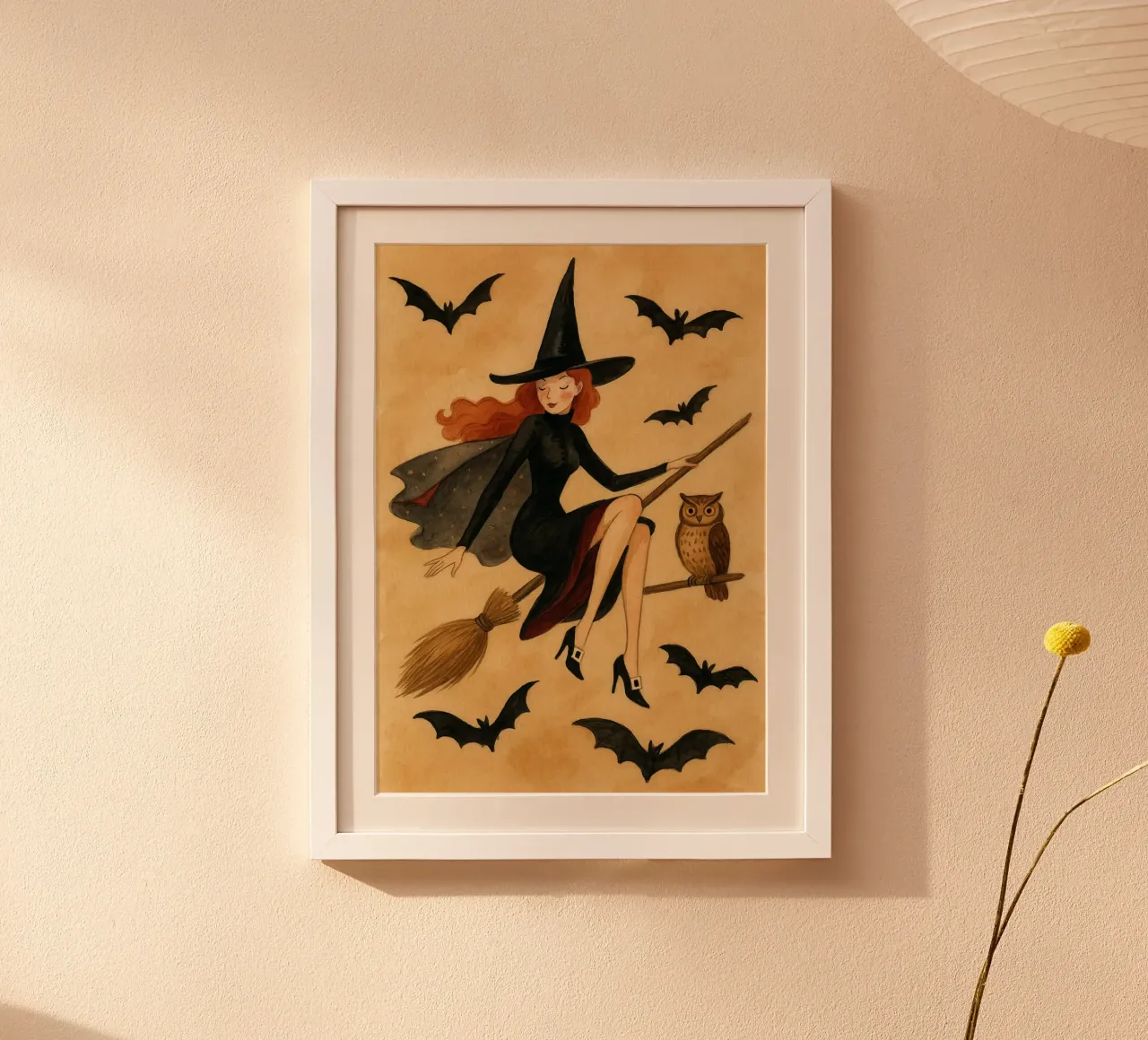 Strega vintage che vola a manico di scopa Halloween Arte del gufo poster da vintagepod