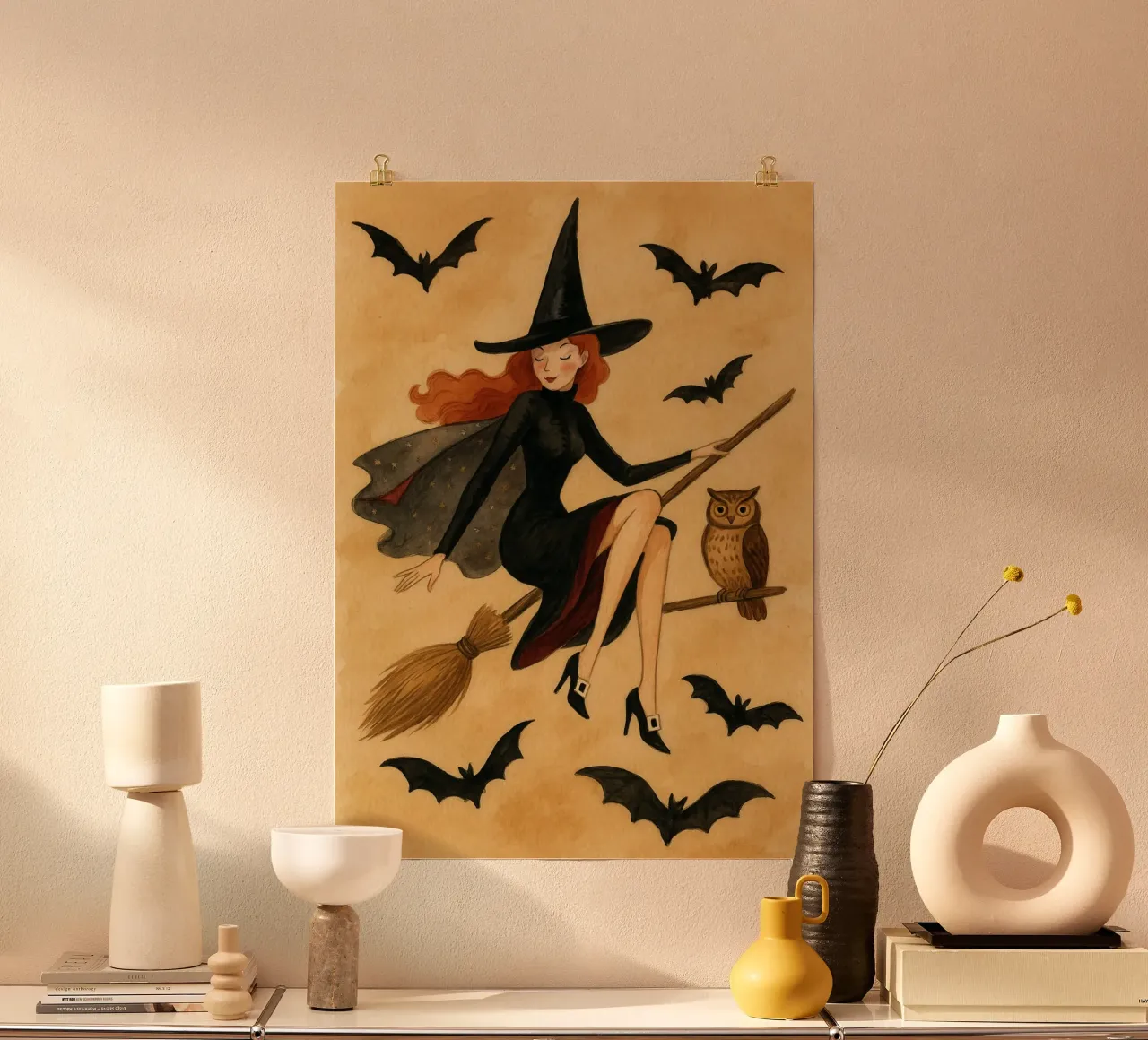 Strega vintage che vola a manico di scopa Halloween Arte del gufo poster da vintagepod