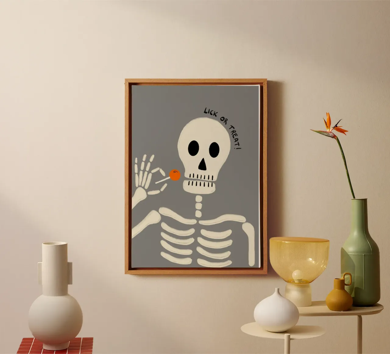Poster lecca-lecca con scheletro Lick or Treat tela con Cornice a cassetta da vintagepod