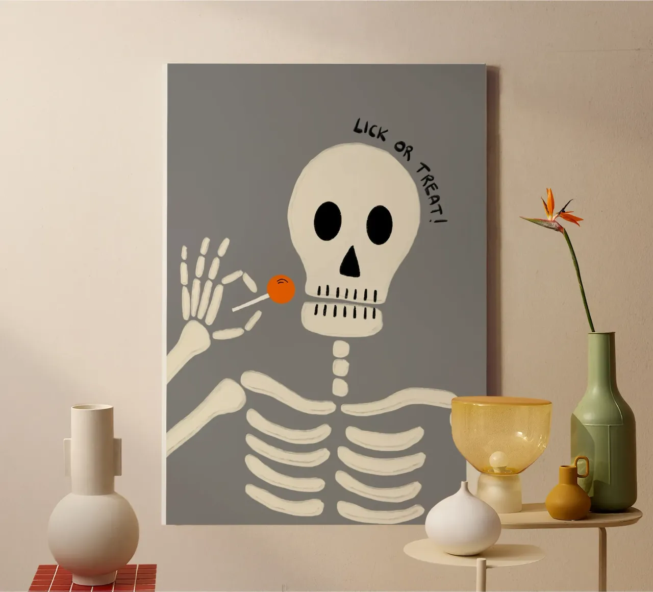 Poster lecca-lecca con scheletro Lick or Treat tela con Cornice a cassetta da vintagepod