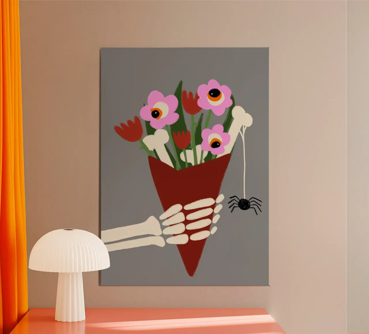 Bouquet di fiori a forma di mano di scheletro Arte spettrale poster con telaio in alluminio da vintagepod