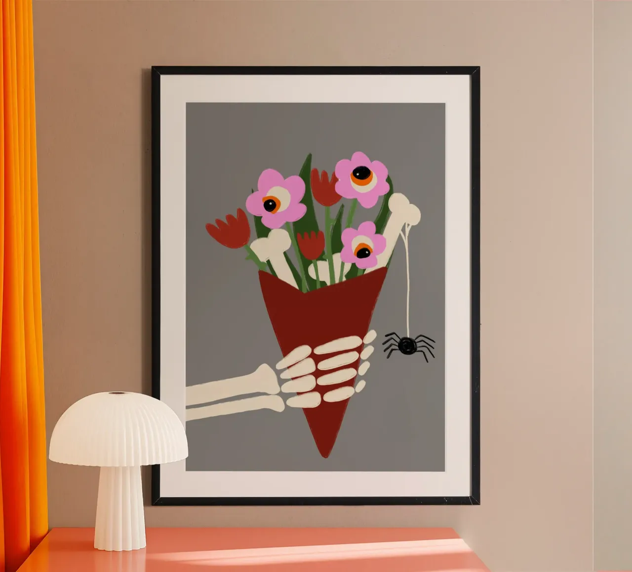 Bouquet di fiori a forma di mano di scheletro Arte spettrale poster con telaio in alluminio da vintagepod