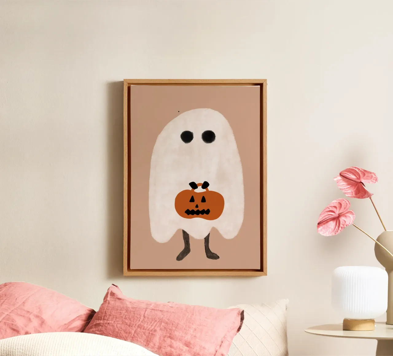 Poster minimalista con cestino di zucca fantasma tela con Cornice a cassetta da vintagepod