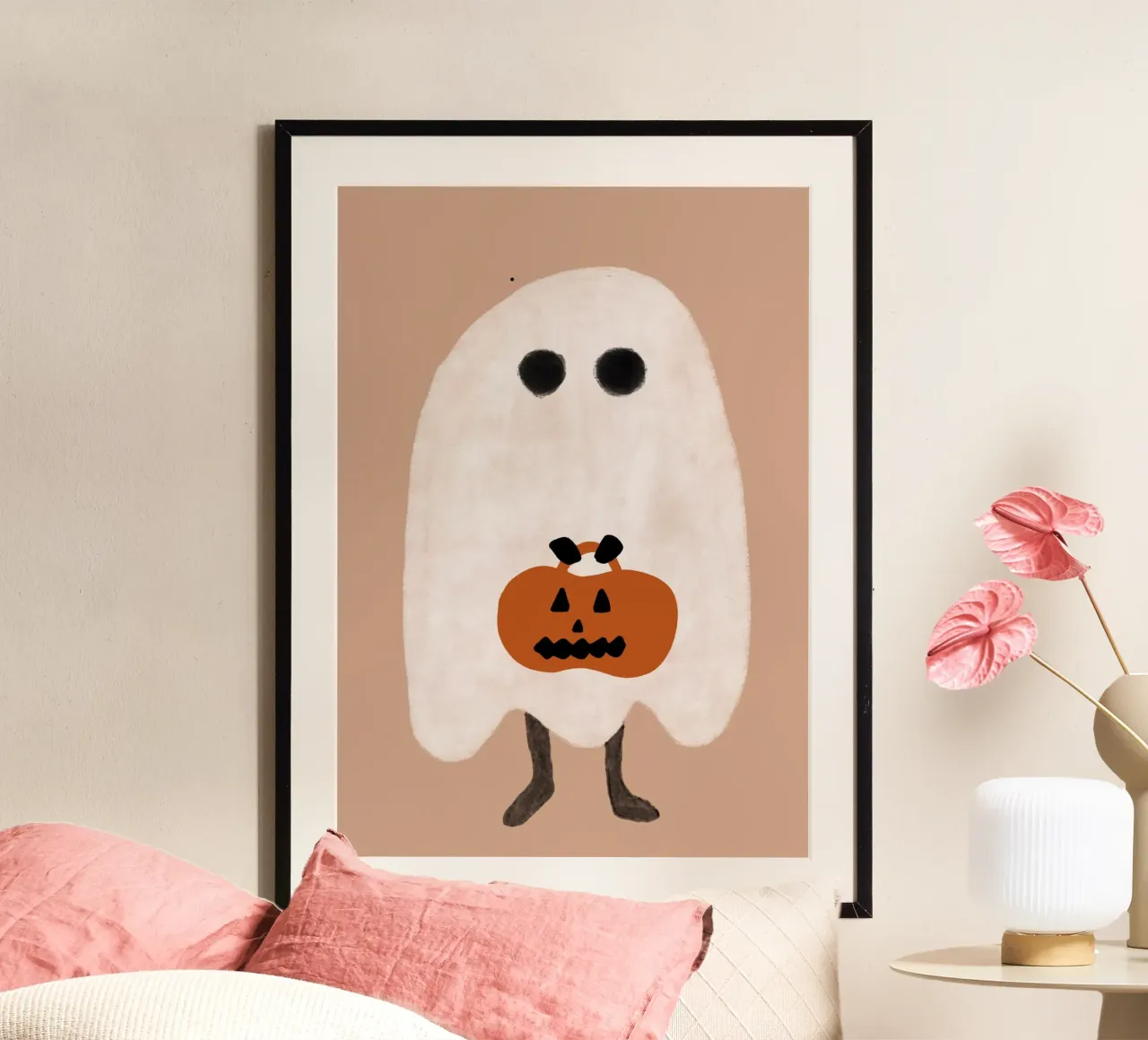 Poster minimalista con cestino di zucca fantasma poster da vintagepod