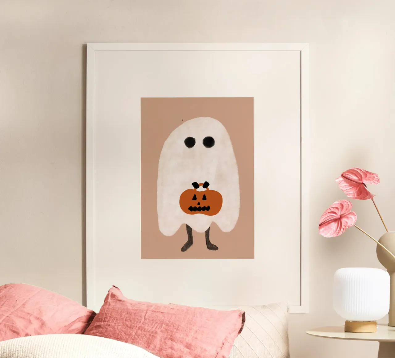 Poster minimalista con cestino di zucca fantasma poster da vintagepod