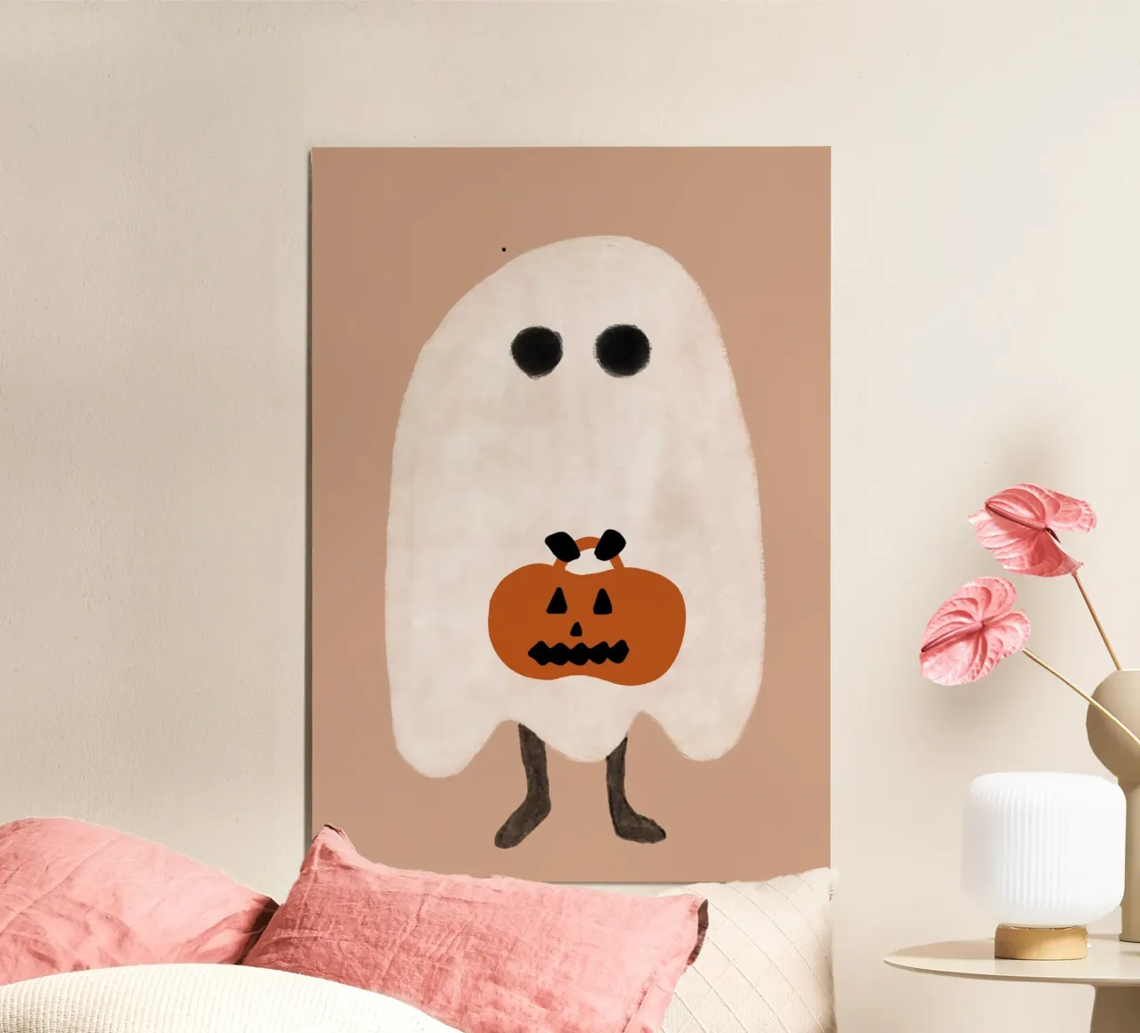 Poster minimalista con cestino di zucca fantasma poster da vintagepod