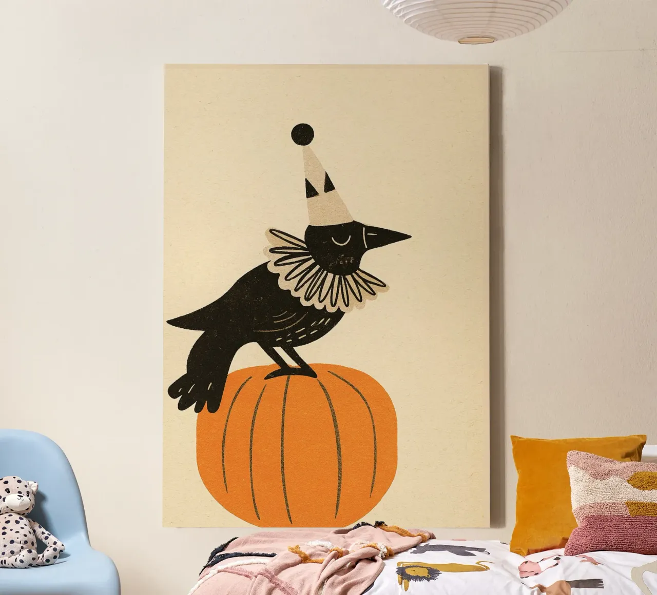 Niedliche Krähe Clown Party Hut Halloween Poster Leinwand mit Schattenfugenrahmen von vintagepod