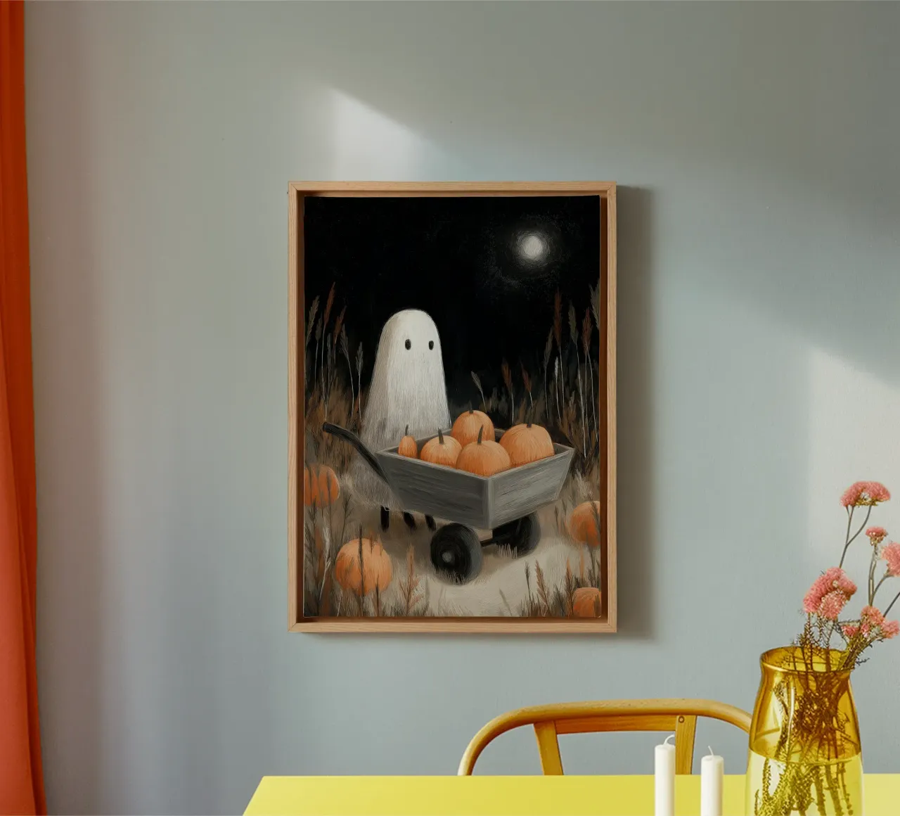 Poster con zucca fantasma e luna di raccolto tela con Cornice a cassetta da vintagepod