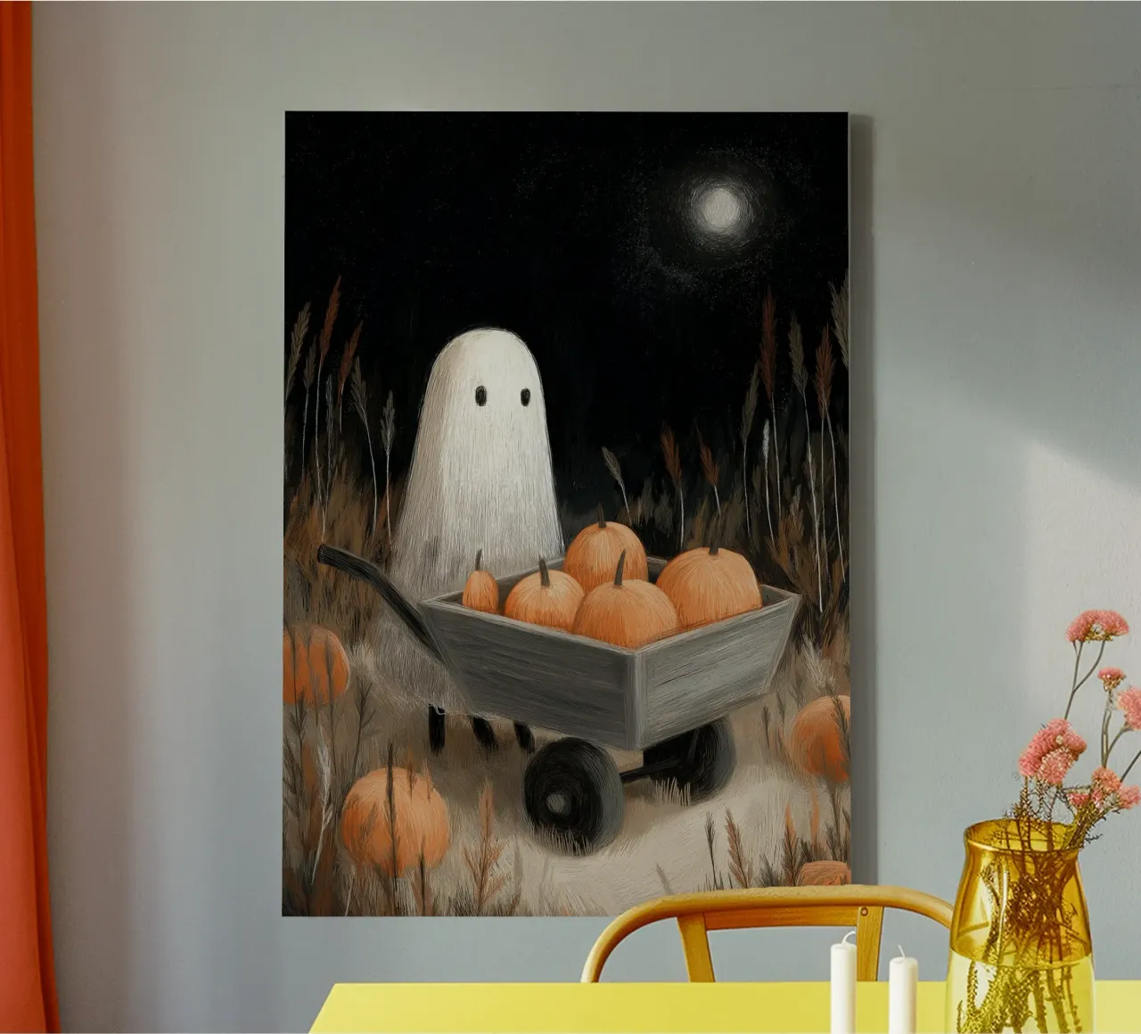 Poster con zucca fantasma e luna di raccolto tela con Cornice a cassetta da vintagepod