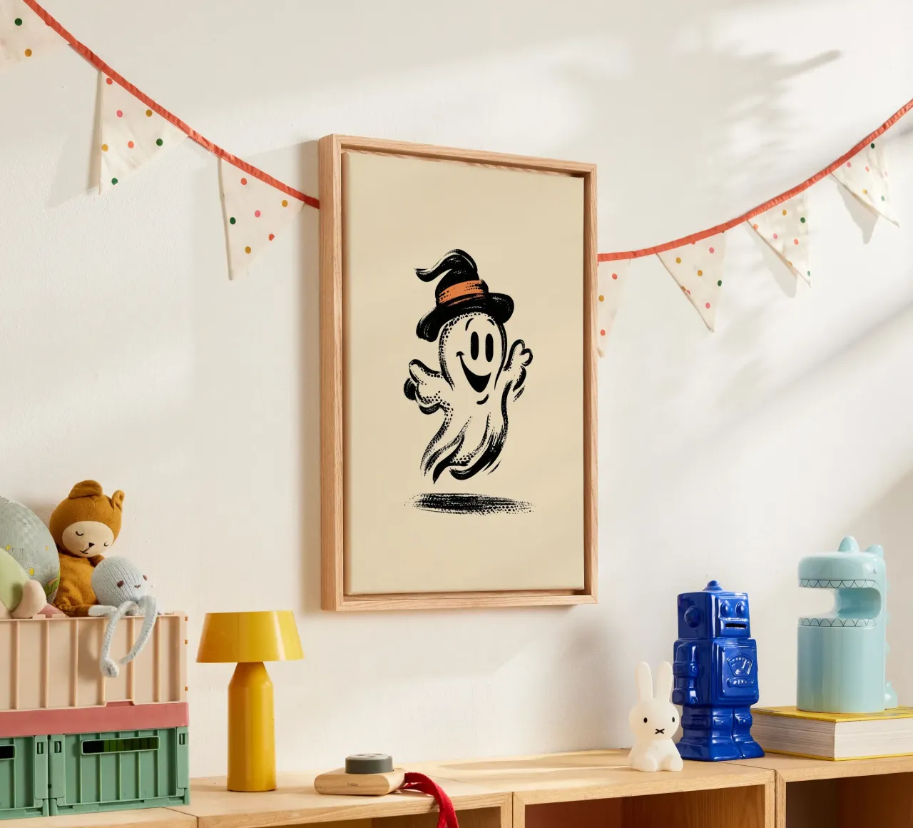 Glücklicher Geist Hexenhut Retro Halloween Poster Leinwand mit Schattenfugenrahmen von vintagepod